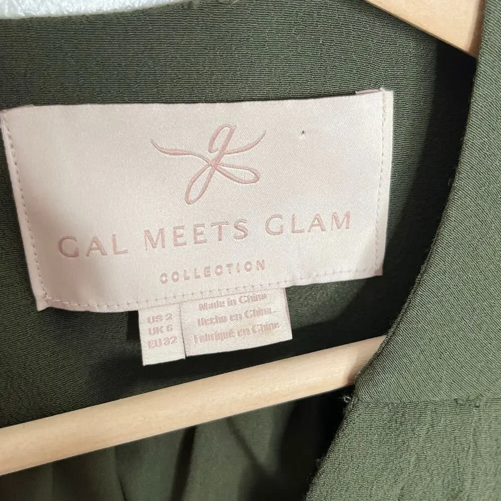 Gal Meets Glam Olive Green Faux Wrap Tie Waist Mini Dress Long Sleeve US 2 - Picture 7 of 10